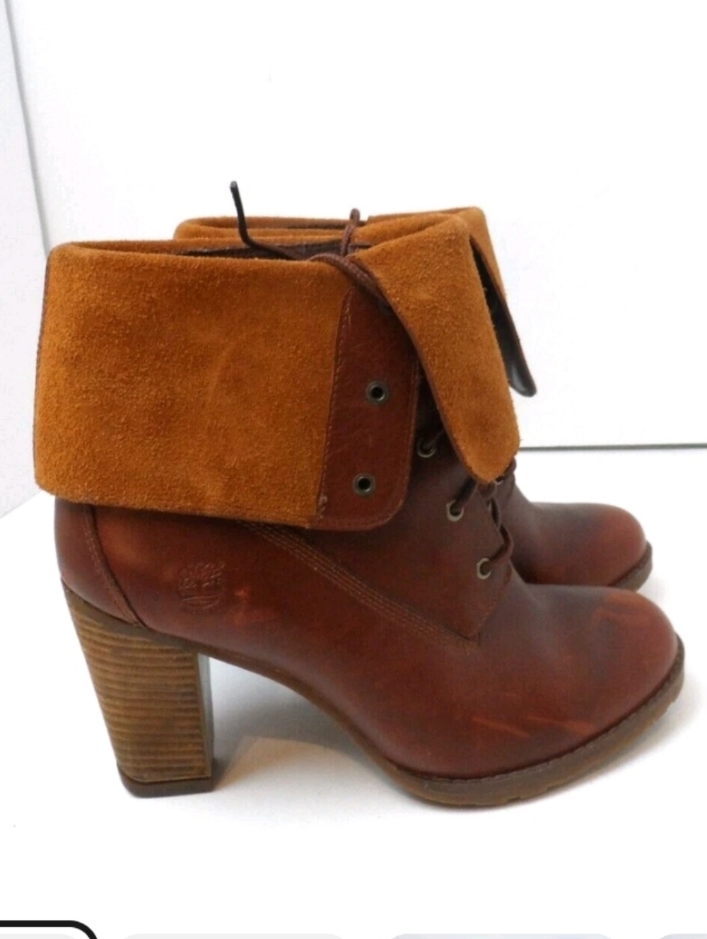 Timberland Chestnut Brown Fold-Over Lace-Up Heeled Ankle Boots,sz 9.